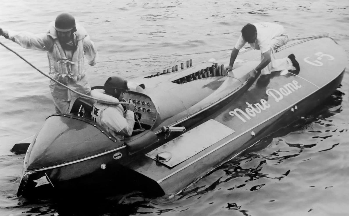 James Jackson posted this great pic on Facebook with the comment, "Dan Arena (standing) preparing to run the W-24 Cylinder Duesenburg powered Notre Dame".